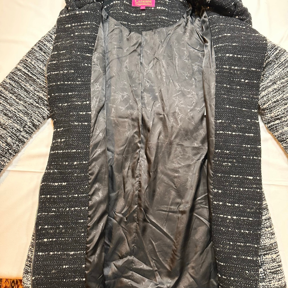 Catherine Malandrino Black White Boucle Hooded Belted Coat | Minimal Luxe Winter - Picture 11 of 13